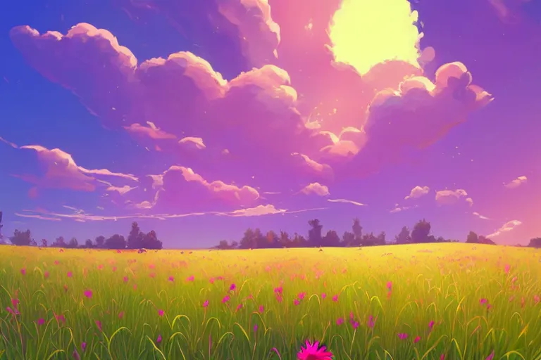 Image similar to green lush Field with beautiful flowers, aesthetic, calming, pink and yellow clouds in the sky, brightly illuminated by rays of sun, Clouds backlit by the sun, sunset ,artstation, colorful sylvain sarrailh illustration, by peter chan, day of the tentacle style