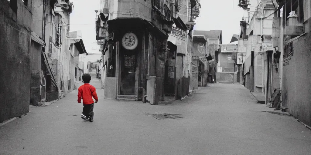 Prompt: photo of a boy walking down a street in space