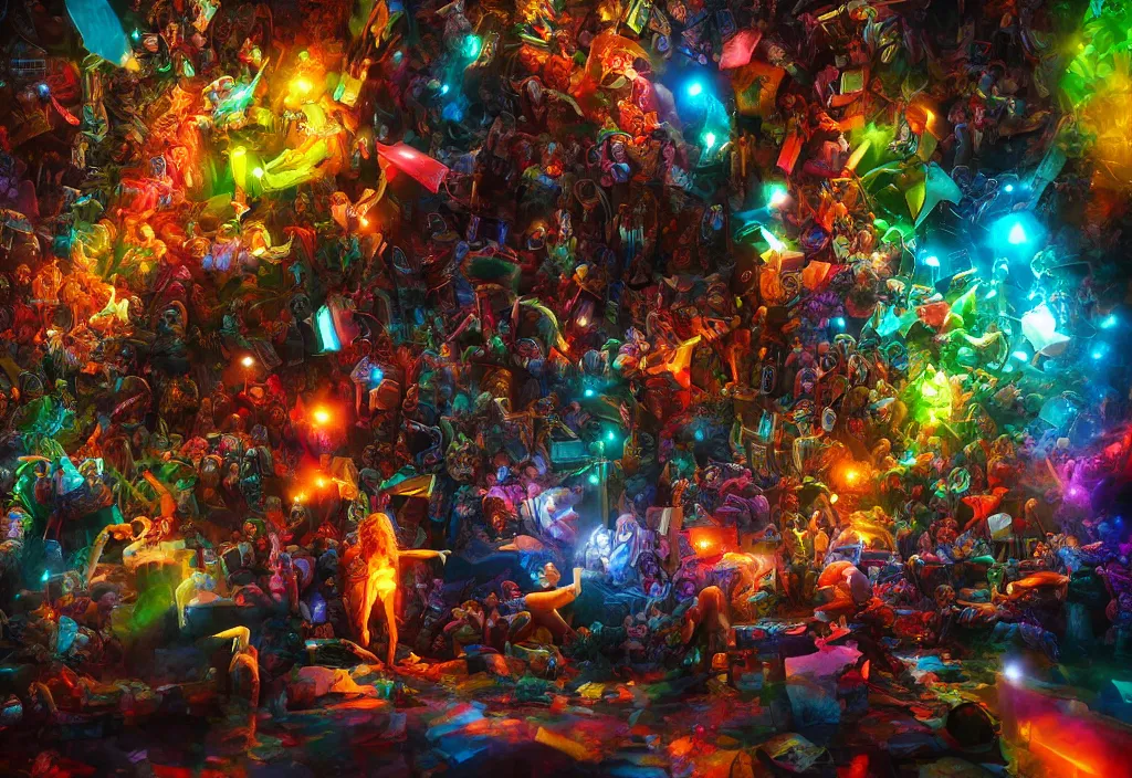 Image similar to cinematic shot epic hall of creatives, walls of large moving images, hyper realistic, mood lighting, fantasy, detailed people creating colorful diverse art, highly detailed, super realistic, perfect lighting pixel sorting, style sheet