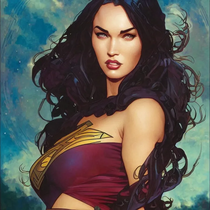 Image similar to megan fox as super girl by artgerm, greg rutkowski, alphonse mucha