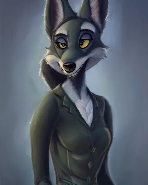 Image similar to dark oil painting of anthromorphic female wolf, in style of zootopia, zootopia, zootopia, fursona, furry, furaffinity, 4 k, deviantart, furry art, fursona art, wearing black business suit, business suit, in style of zootopia, wolf fursona, cyberpunk, female, very very very expressive detailed feminine face,