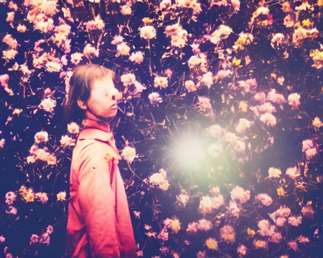 Prompt: oversaturated, burned, light leak, expired film, photo of a robot girl crying crowded by busy flowers