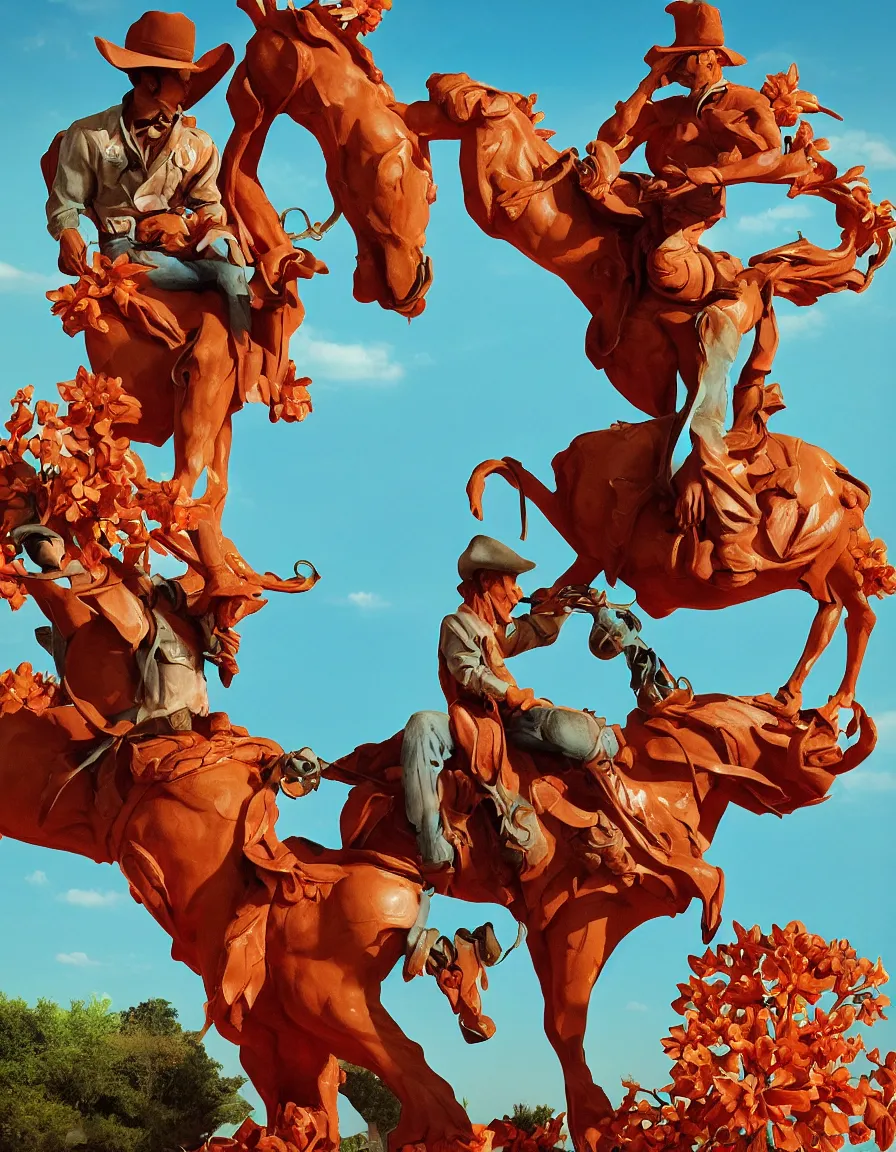 Image similar to a cowboy turning into blooms by slim aarons, by zhang kechun, by lynda benglis, by frank frazetta. tropical sea slugs, angular sharp tractor tires. bold complementary colors. warm soft volumetric light. 8 k, 3 d render in octane unreal engine. a manly cowboy riding by syd mead. sculpture by antonio canova. blue orange