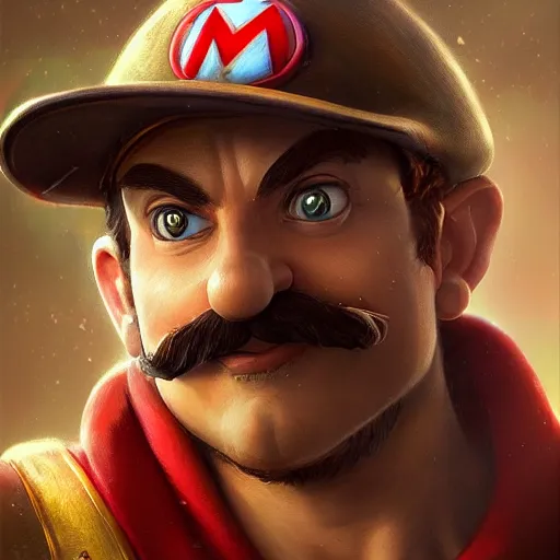 Prompt: Closeup of realistic Super Mario, fantasy, intricate, elegant, highly detailed, digital painting, artstation, concept art, matte, sharp focus, illustration, hearthstone, art by Artgerm and Greg Rutkowski and Alphonse Mucha