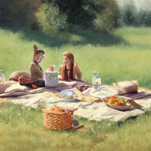 Image similar to a picnic with no people, oil painting, pale colors, high detail, 8 k, wide angle, trending on artstation,