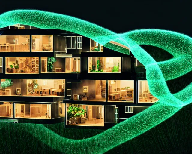 Image similar to connected ecovillage houses - plant goddess high quality photo, microchip, artificial intelligence, bio - mechanical bio - luminescence, black wired cables, neurons, nerve cells, cinematic, rim light, photo - realistic, elegant, high detail, 8 k, masterpiece, high fashion, in the style of man ray