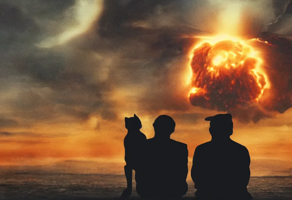 Image similar to old man sitting with black cat watching nuke explosion close up shot from behind, cinematic movie close up shot from behind, background blur bokeh, world ending nuke, 4 k