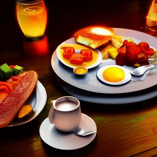 Prompt: a full english breakfast sits on a plate in the road, times square, night time, raining, neon light, romantic, ultra realistic, unreal engine, 4k, artstation