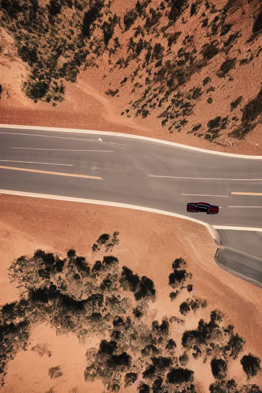 Prompt: Drone Photo of a Porsche 911 Carrera 3.2 on a wide winding road, volumetric lighting, Desert, summer, Cinematic, award winning.