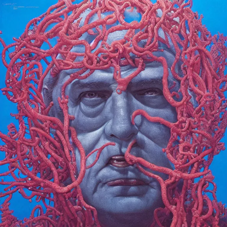 Prompt: Hyperrealistic intensely colored close up studio Photograph portrait of deep sea bioluminescent Senator Ted Cruz, symmetrical face realistic proportions eye contact tentacles, Smiling in a coral reef underwater, award-winning portrait oil painting by Norman Rockwell and Zdzisław Beksiński vivid colors high contrast hyperrealism 8k