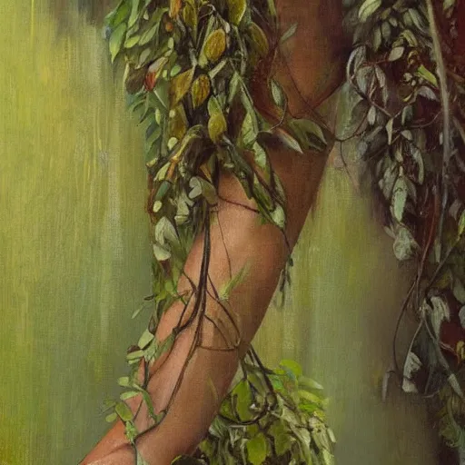 Prompt: closeup tight shot ivey vines growing on branch. imax detailed rendered 8 k photograph imax and solomon joseph solomon and richard schmid and jeremy lipking victorian loose genre loose painting full length portrait painting of ivey vines, limbs and vegetation art nouveau designs and borders