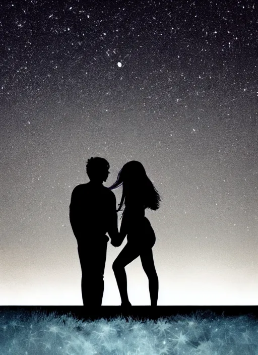 Image similar to full moon, dark navy sky, stars twinkling, clouds drifting through, robins in the trees, ocean waves, a couple silhouette holding hands, slight wind blown hair.