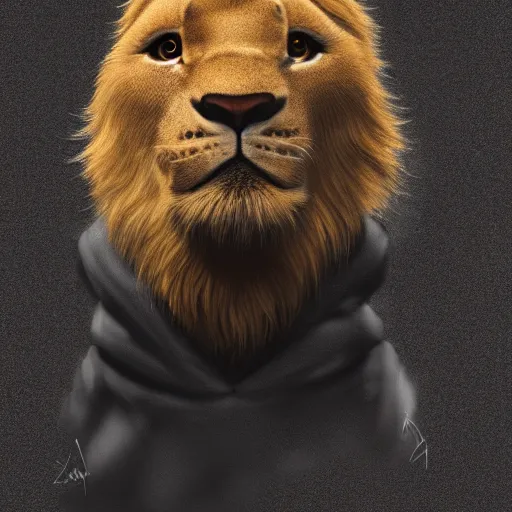 Prompt: young simba like a human, dressed a black hoodie, portrait, digital art, ultrarealistic, artstation, 8k, hyperdetalied, high quality, high render