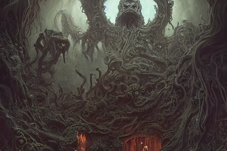 Image similar to a lovecraftian painting of a demonic shrine, occult, moster summoning, warlocks ritual, cosmic horror elements, ultra realistic, concept art, intricate details, eerie, highly detailed, photorealistic, octane render, 8 k, unreal engine. art by artgerm and greg rutkowski and alphonse mucha