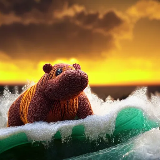 Prompt: a closeup photorealistic photograph of a smiling cute knitted tiger hippopotamus plush toy riding a large wave during sunset. surf in the background. professional capture. brightly lit scene. this 4 k hd image is trending on artstation, featured on behance, well - rendered, extra crisp, features intricate detail, epic composition and the style of unreal engine.