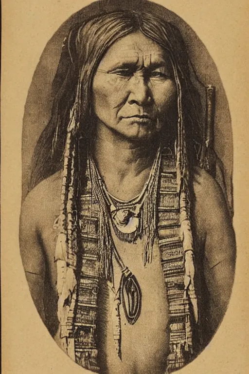 Image similar to “19th century wood engraving of a Native American indian woman, portrait, Nanye-hi Beloved Woman of the Cherokee, wearing a papoose showing pain and sadness on her face, ancient”