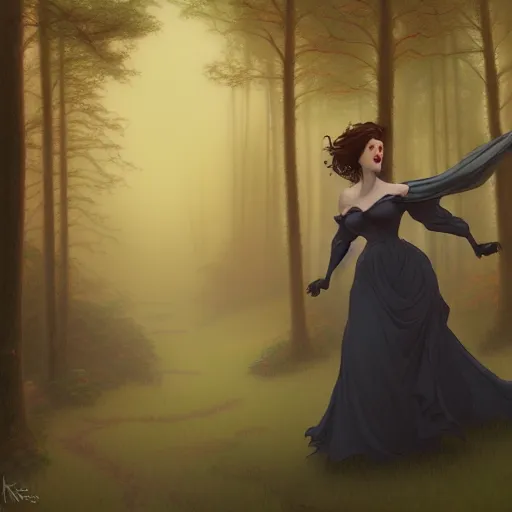 Prompt: in the style of thomas kinkade, abigail larson, joshua middleton, transparent female ghost screaming, flowing dress, middle shot, symmetrical face, in the woods, moody lighting, dark fantasy