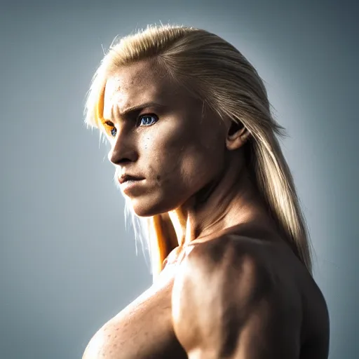 Image similar to legendary blond female warrior, shallow depth of field, moody lighting, 8 k, concept art, 2 0 mm lens,