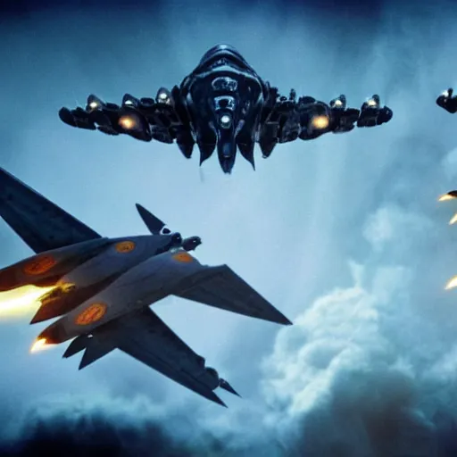 Prompt: avatar movie valkariye mothership kind of mother ship escorting of fighter jets