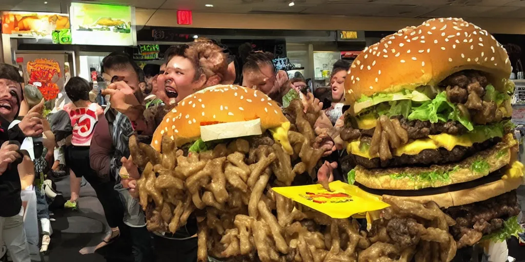 Image similar to photo of godzilla eating a giant pile of cheeseburgers with glee, funny, weird