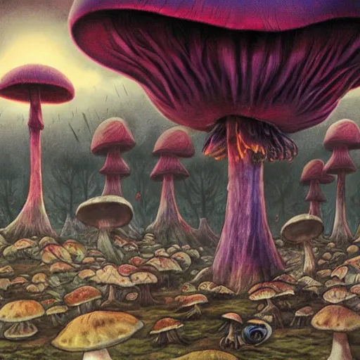 Prompt: a centered chest up portrait of a psychedelic demonic anthropomorphic mushroom smoking a hand - rolled cigarette smoking heavily, magic mushroom village in background. award winning. superb resolution. in the art style of junji ito and greg rutkowski. detailed mushroom city in background. hyper realistic anime. perfect art. dalle 2