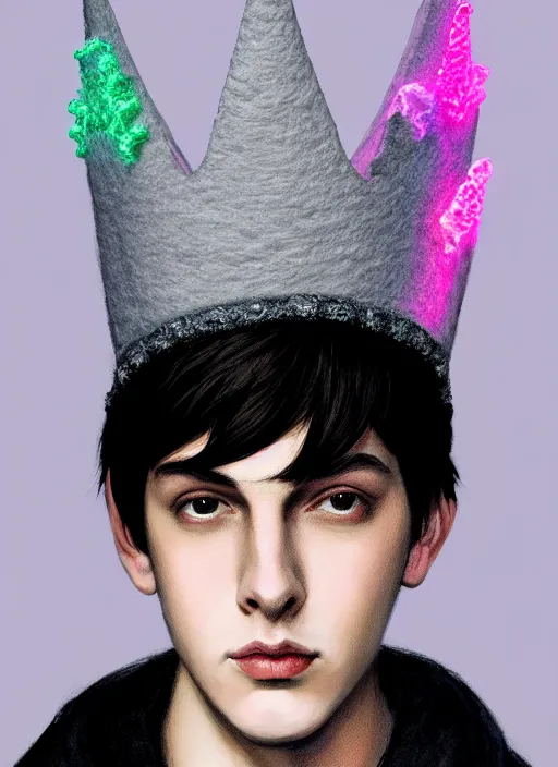 Image similar to portrait of teenage jughead jones wearing a light grey crown, photorealistic, crown made of fabric, crown made of felt, black hair, intricate, elegant, highly detailed, digital painting, glowing lights, artstation, concept art, smooth, sharp focus, illustration, art by wlop, mars ravelo and greg rutkowski