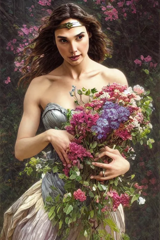 Prompt: portrait of gal gadot as beautiful mysterious woman holding a bouquet of flowing flowers, hands hidden under the bouquet, fantasy, regal, intricate, by stanley artgerm lau, greg rutkowski, thomas kindkade, alphonse mucha, loish, norman rockwell