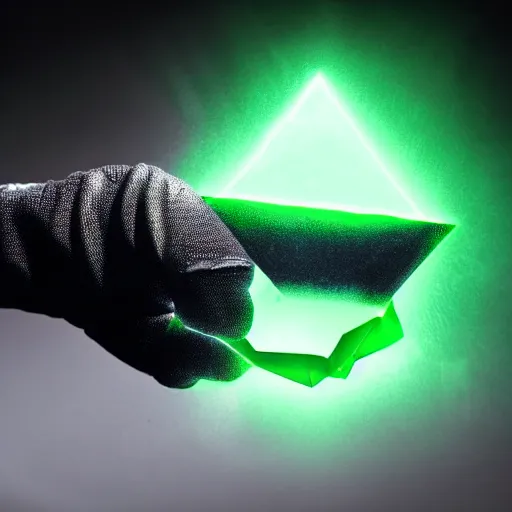 Image similar to a glowing shard of kryptonite held in an open black - gloved hand, black background