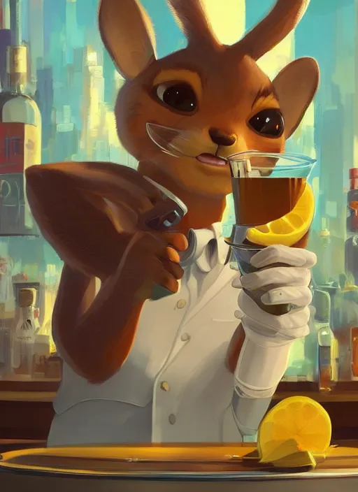 Prompt: squirrel anthro as a dapper bartender with a big, fluffy tail, retro futurism, art deco, detailed, painterly digital art by WLOP and Cory Loftis and Goro Fujita, 🐿🍸🍋, furaffinity, trending on artstation