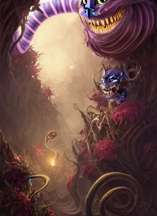 Prompt: sinister cheshire cat in hell, concept art, digital illustration, by rossdraws, frank franzzeta, intricate, masterpiece, elegant, hyper detailed, artstation, unreal engine rendered, concept art, smooth, sharp focus, illustration, art by artgerm and greg rutkowski and alphonse mucha and garis edelweiss