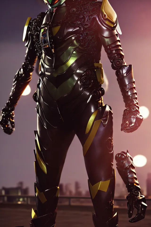 Image similar to kamen rider big belt hero sction pose, full body portrait, human structure bee concept art, human anatomy, intricate detail, hyperrealistic art and illustration by irakli nadar and alexandre ferra, blurry and sharp focus, on future tokyo night rooftop, unreal 5 engine highlly render, global illumination