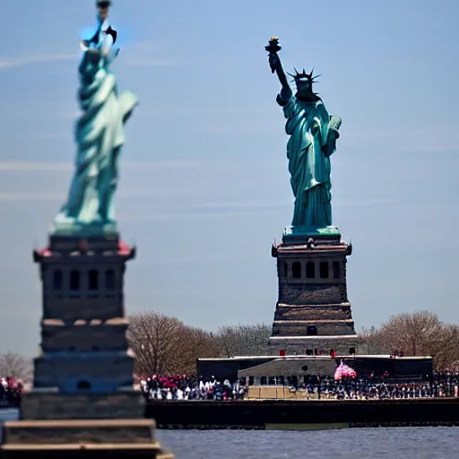 Prompt: storm troopers standing on top of the statue liberty in new york