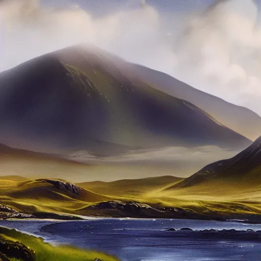 Image similar to matte painting of the mountains of mourne in ireland