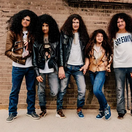 Image similar to Group of ethnically diverse 19-year-old boys and girls with long permed wavy brown hair and afros leather jacket and denim jeans, holding electric guitars, 2022, stoner rock, heavy rock, HD photography