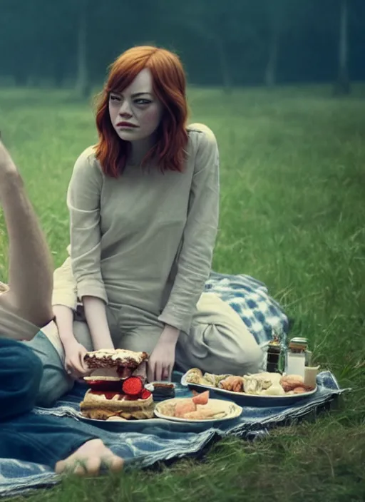 Prompt: emma stone having a picnic with tom holland, faded color film, russian cinema, tarkovsky, kodachrome, old clothing, heavy fog, 4 k, dramatic lighting, greg rutkowski