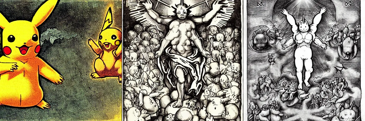 Prompt: the ascension of pikachu to godhood, detailed illustration by albrecht durer