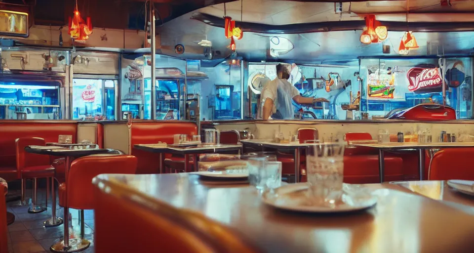 Image similar to closeup profile portrait of a 1 9 5 0 s diner, depth of field, detailed and intricate environment, golden hour, 8 k resolution, hyperrealistic, octane render