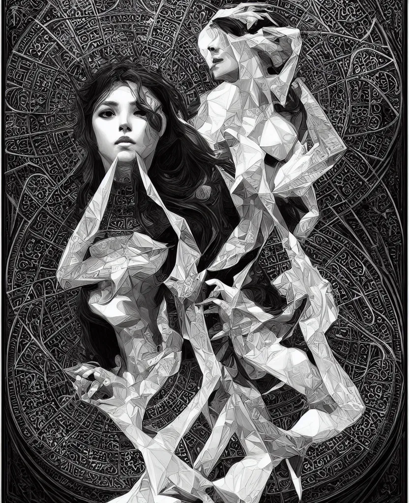 Image similar to black and white photography of geometrical alchemical glyphs, deep focus, intricate, elegant, highly detailed, artstation, concept art, matte, sharp focus, 4 k, depth of field, art by artgerm and greg rutkowski and alphonse mucha