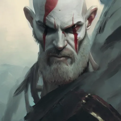 Prompt: kratos with white hair holding skull, by makoto shinkai, greg rutkowski, artstation, high detailed, cgsociety,