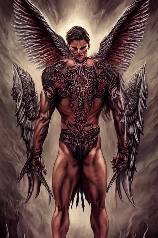 Image similar to Sam Winchester as a muscular angel with demon wings wide open, whole body tattooed with runes and satanic symbols, urban fantasy romance book cover, D&D!, fantasy style, sharp focus!, ultra detailed, art by Artgerm and Peter Andrew Jones, WLUP