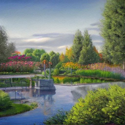 Image similar to mcgovern centennial gardens, oil on canvas, intricate, landscape, 8 k highly professionally detailed, hdr, cgsociety