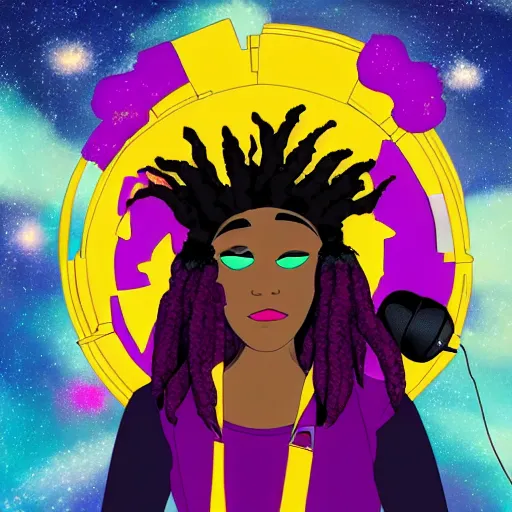 Image similar to black woman with purple dreads with a microphone in space in the style of ghibli