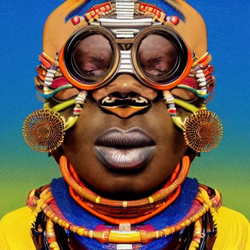 Image similar to colourful vfx upper half - portrait - art of a african tribal chief wearing steam punk goggles, art by utagawa kunisada & james jean, symmetrical, intricate detail, concept art, volumetric light, ray tracing, caricature, digital illustration, octane 3 d render, unreal engine, sharp, pinterest, behance, art station,