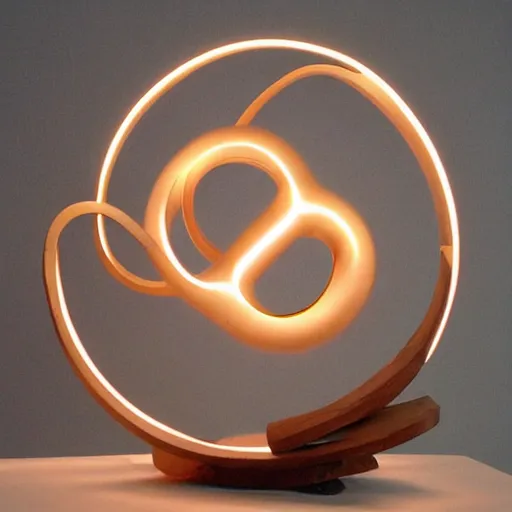 Image similar to circle shaped sculpture, curves, wood, lights