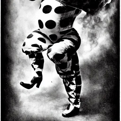 Prompt: old 1920's photograph of an fire breathing clown. Clown wears chaplins clothes. Black and white picture. Highly detailed. High definition. Artstation.