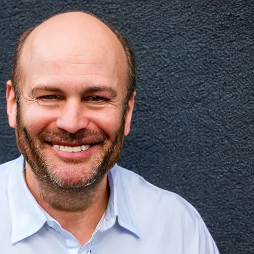 Image similar to color photograph of a balding, middle aged, brown haired, hairy, blue eyed, round faced, short white man dressed in a white shirt, smiling at the camera with perfect, straight white teeth