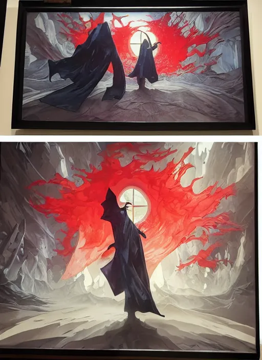 Image similar to view through window! nosferatu, red splash aura in motion, church! floating pieces, painted art by tsuyoshi nagano, greg rutkowski, artgerm, alphonse mucha, spike painting