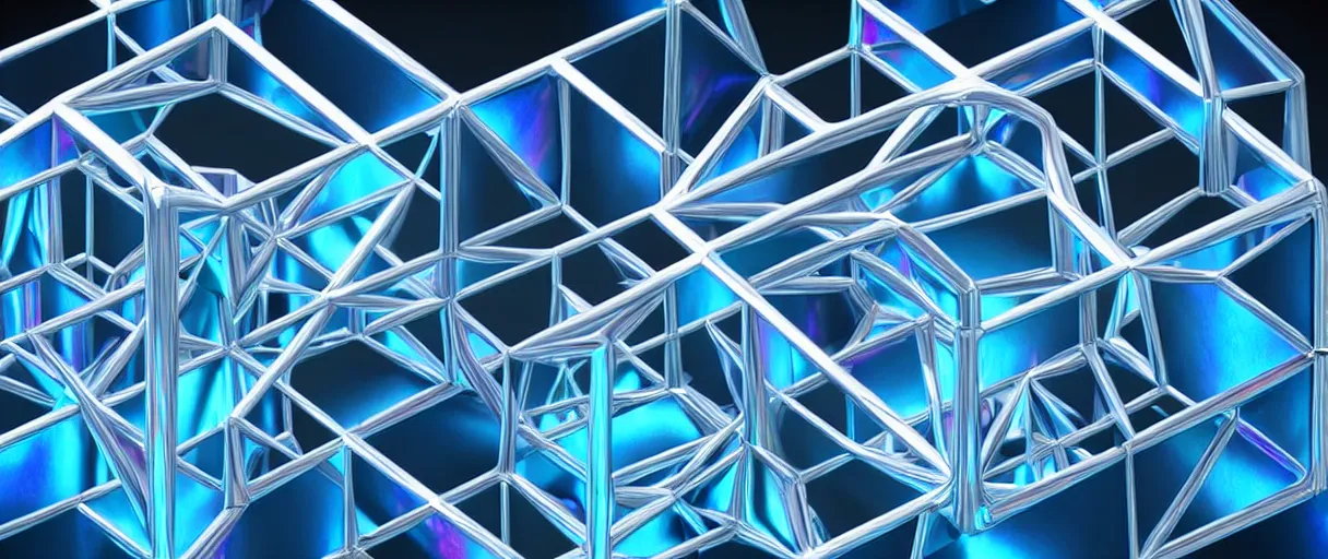 Prompt: hyperrealistic 3d render neo-surreal metatron's cube rotating iridescent escher dali octane moody blue lighting low angle hd 8k sharp shallow depth of field