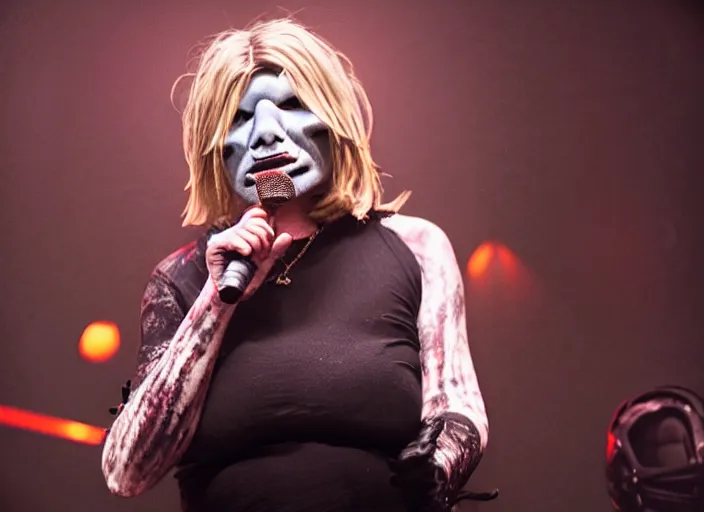 Image similar to publicity photo still of martha stewart in slipknot playing live on stage, 8 k, live concert lighting, mid shot