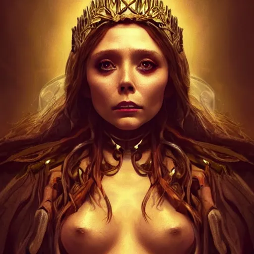 Prompt: elizabeth olsen as the goddess of flesh and carrion!!!!!!, golden ratio!!!!!, centered, trending on artstation, 8 k quality, cgsociety contest winner, artstation hd, artstation hq, luminous lighting